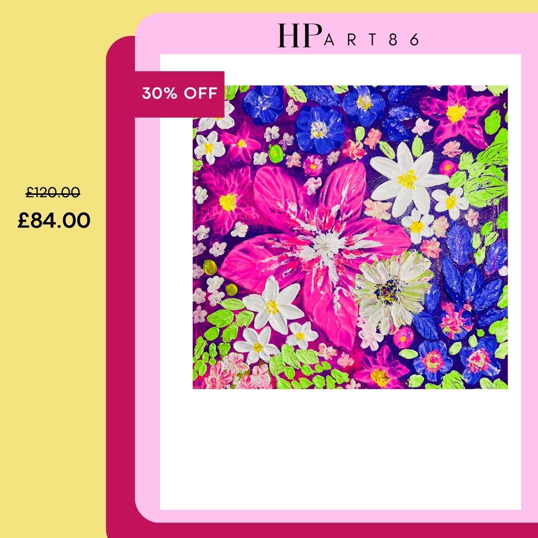 Framed thick texture floral wall art with pink, blue, and green flowers in a square frame