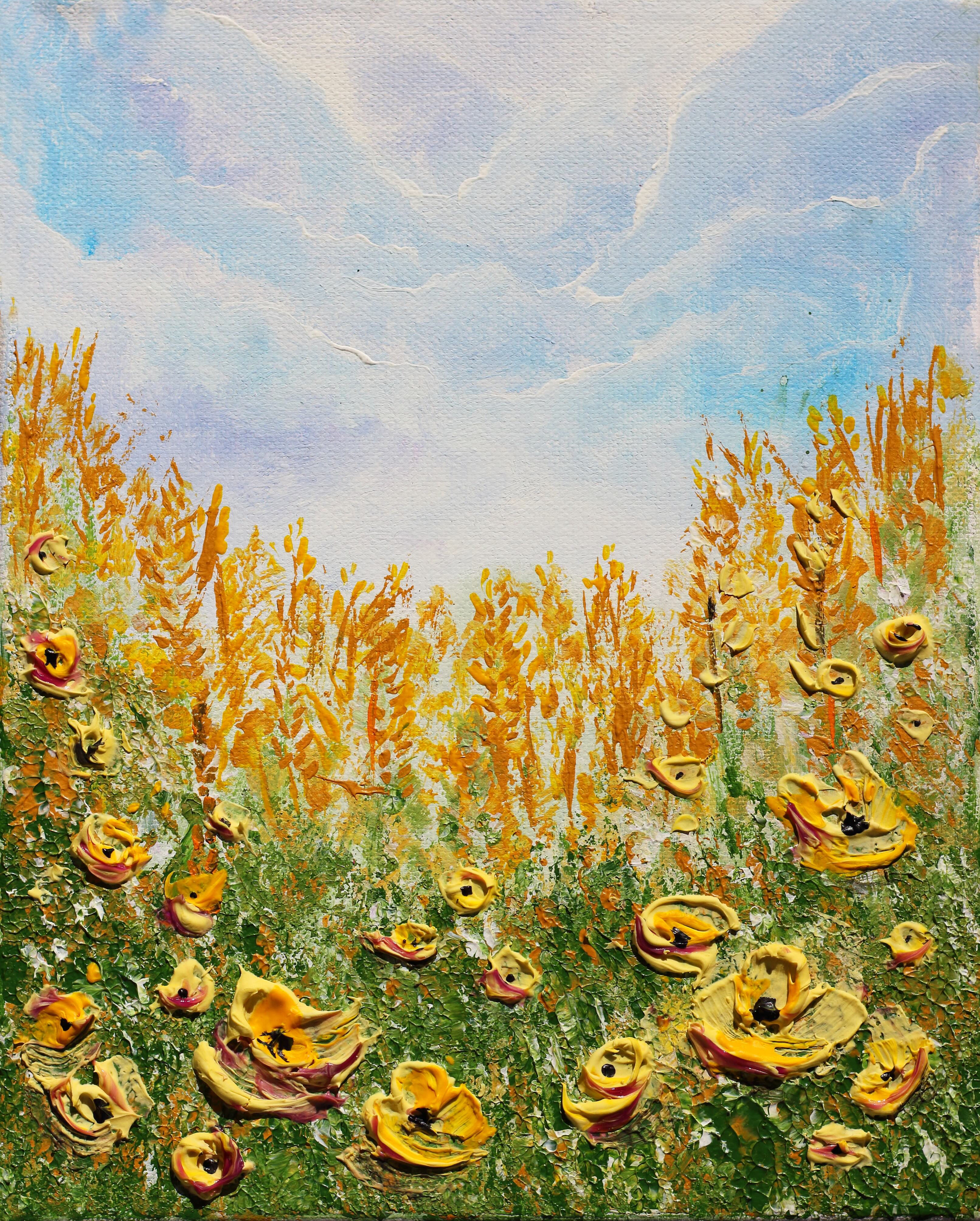 Blue Sky Yellow Daisy wildflowers field  Heavy 3D textured artwork 8x10in Framed