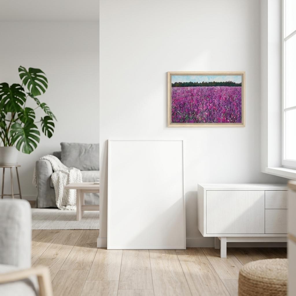 Framed Canvas Print: Pink & Purple Dead Nettle Field with Blue Sky