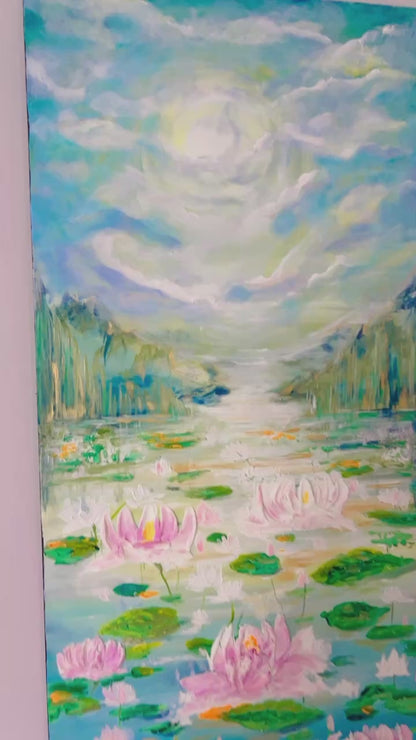 PARADISE - Thick textured artwork 3D lotus flowers vertical painting with LIGHT-UP feature