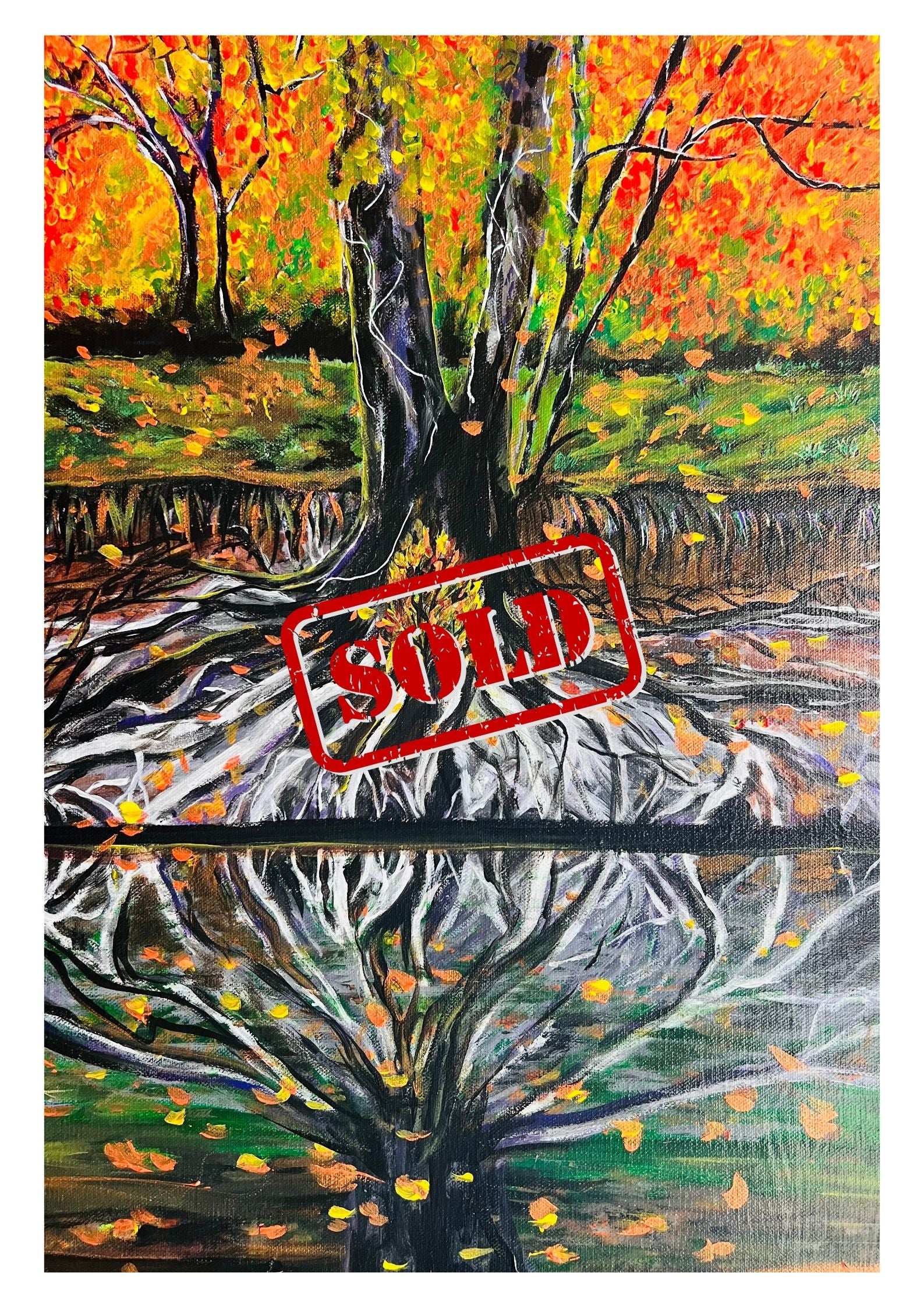 ROOTS - acrylic painting of tree with long roots in autumn by the lake